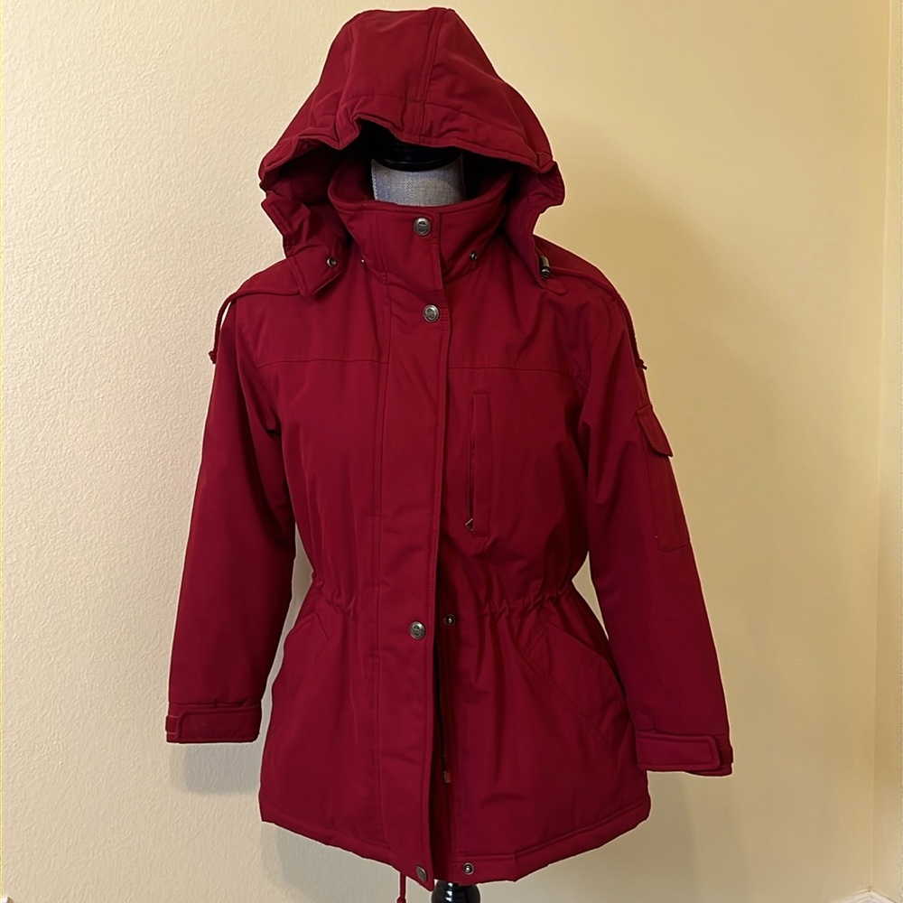 Warm Maroon coat with detachable hood.